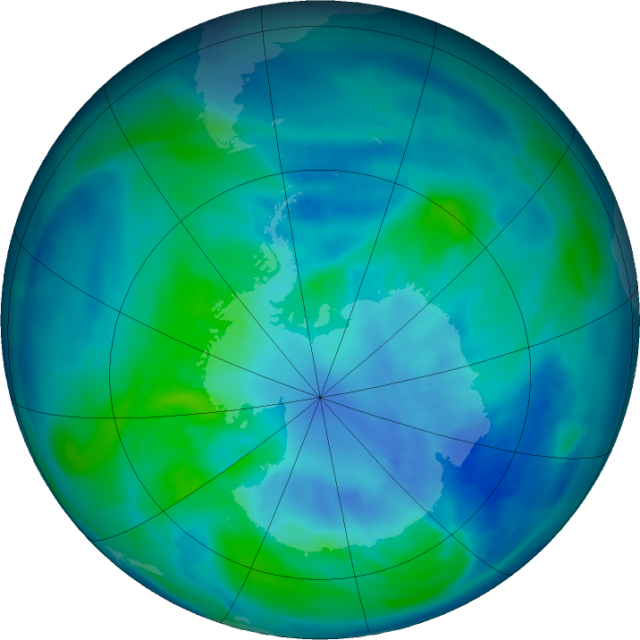 Antarctic ozone map for 30 March 2016